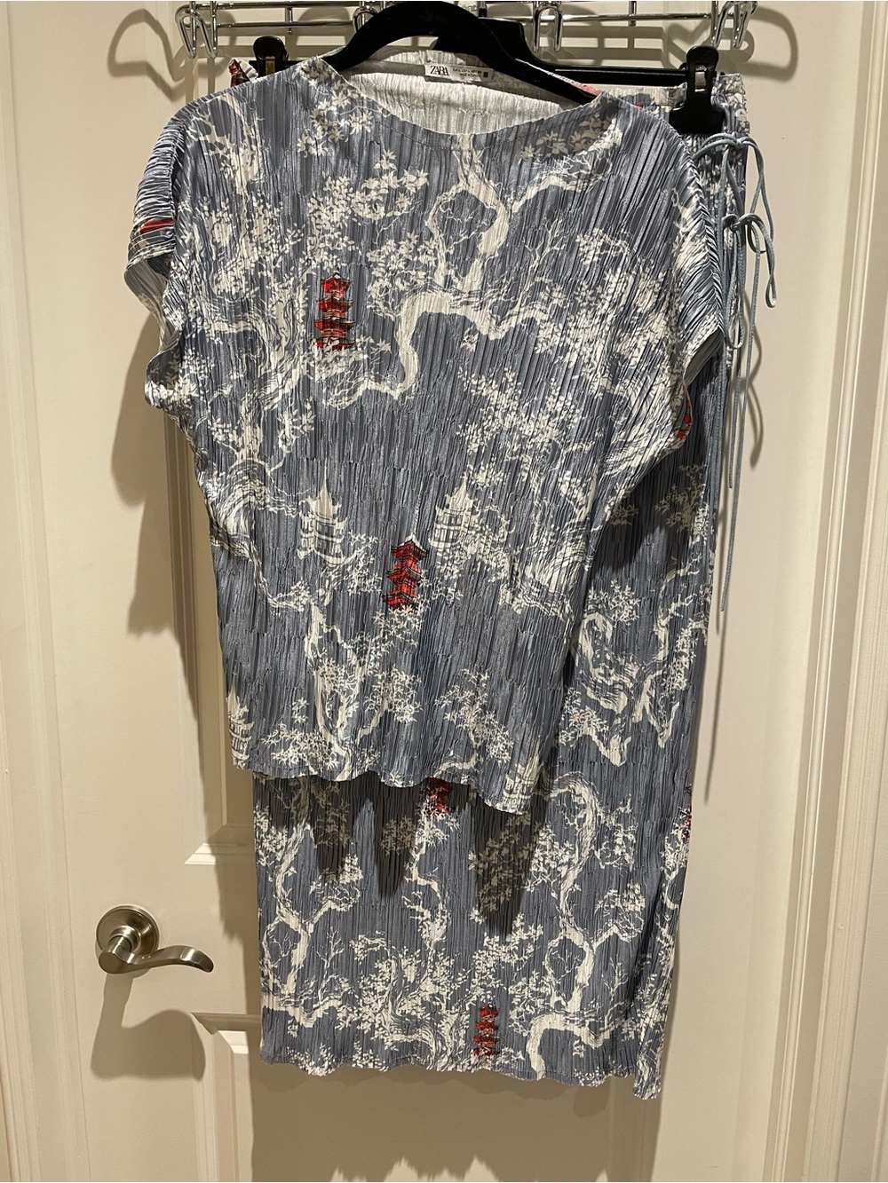 Zara Blue White and Red Printed Pleated Skirt Set